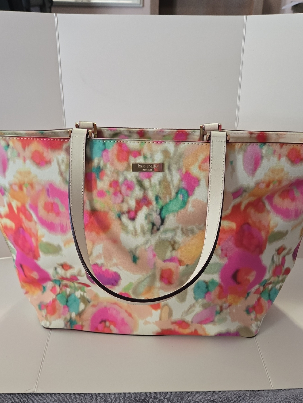 Brand New-Kate Spade Cream-Handled Floral Tote with Pink, Teal and Coral Accents - Picture 1 of 3